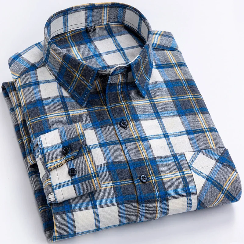 Mens 100% Cotton Washed Brushed Plaid Long Sleeve Shirts Single Pocket Comfortable Casual Fashion Slim Fit Button Down Shirts