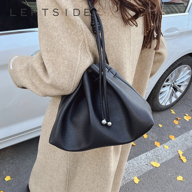

LEFTSIDE Small Drawstring PU Leather Bucket Crossbody Bags for Women 2024 Winter Y2K Trend Female Shoulder Bag Handbags