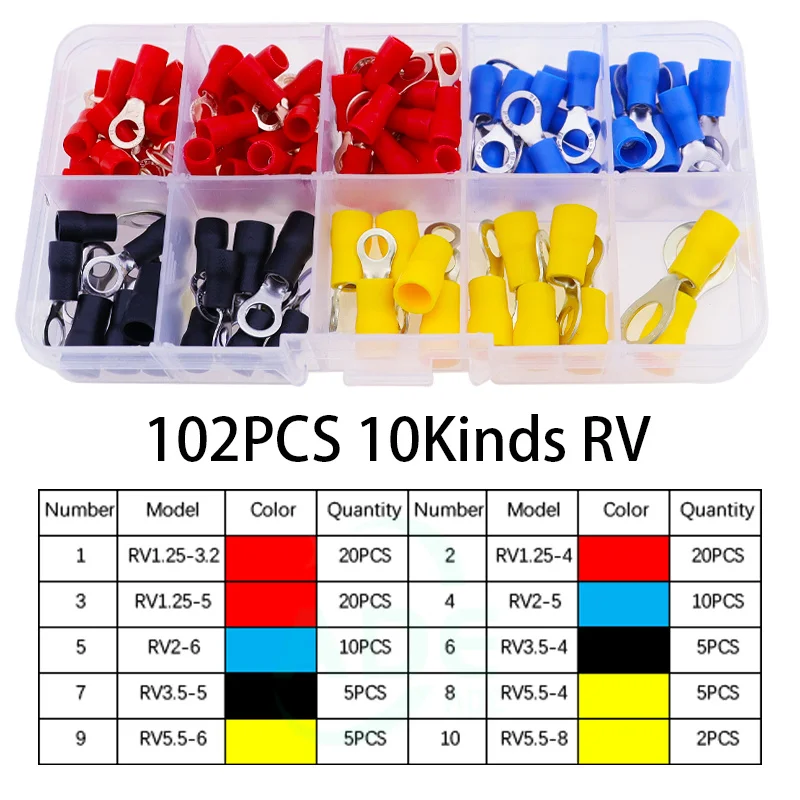 (102PCS 10Kinds RV) Ring Terminal Electrical Crimp Connector Kit Set With Box,Copper Wire Insulated Cord Pin End Butt