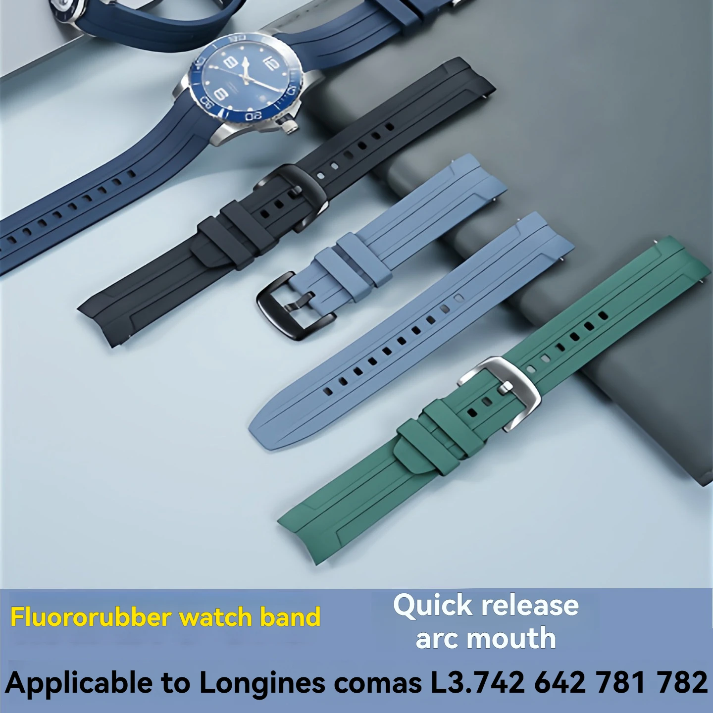 For Longines Conkass 41/43mm dial, L3.742/781/782, quick-release arc-shaped rubber strap