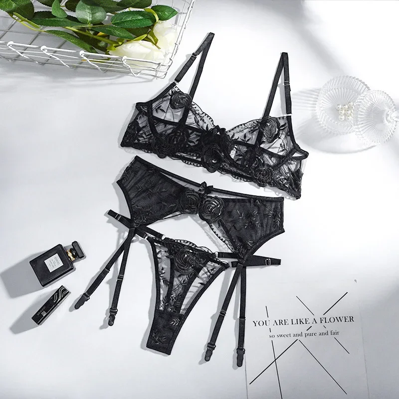 Sexy Lingerie Women Transparent Hollow Bra Sensual Lace 3-Piece Naked Tulle Underwear Embroidery Brief Sets Thin Erotic Bra Set image 5