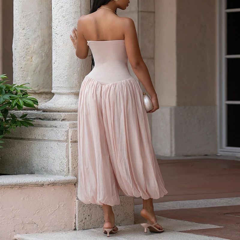 Elegant Lady Sleeveless Commute Playsuits Overalls Fashion Tube Tops Off Shoulder Jumpsuits Summer Solid Loose Lantern Rompers