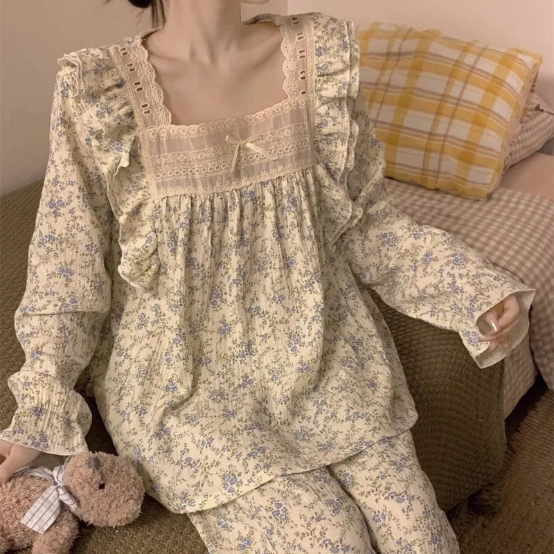 Floral Sleepwear Lace Women Pajamas Set Autumn Piiama Korean Long Sleeve Sets 2 Pieces Night Wears Square Collar Home Wear New