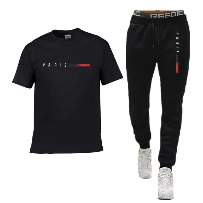 

PARIS Men s casual suit spring and summer new style letter print American trend sports fashion short sleeved pants two-piece set
