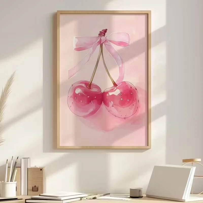 Modern Watercolor Pink Cheery Adorned With A Ribbon Bow Wall Art Print Canvas Painting Poster Picture For Living Room Home Decor