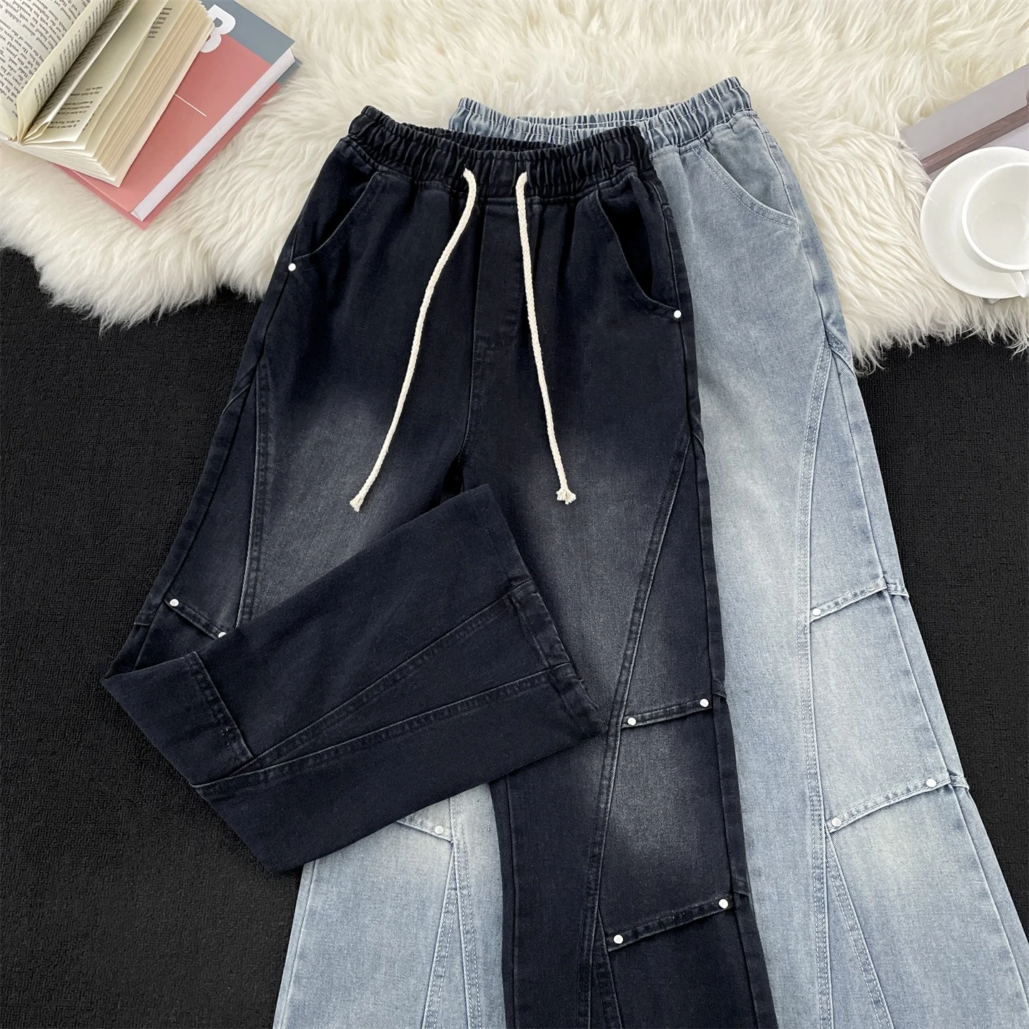 

Bla adient Knife Loose Fit Straight Leg Jeans for Men with Rivets Casual Youthful Sle Autumn Faion Trend