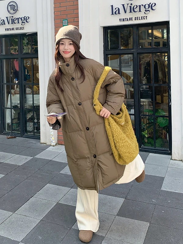 

Korean Sle Slimming Brown Stand Collar down Jaet Women's Mid-Length Winter New Thiened Warm White Du down Coat