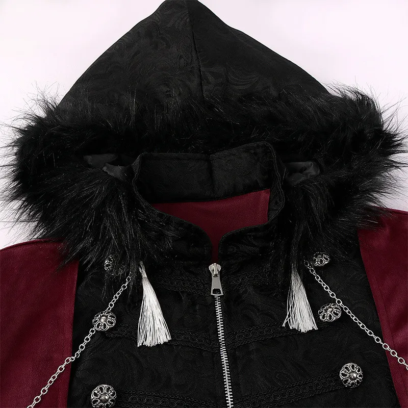 Rétro Patchwork col de fourrure chaîne décoré multi-boutons St Punk cape scène Performance Robe loween oulder poinçon