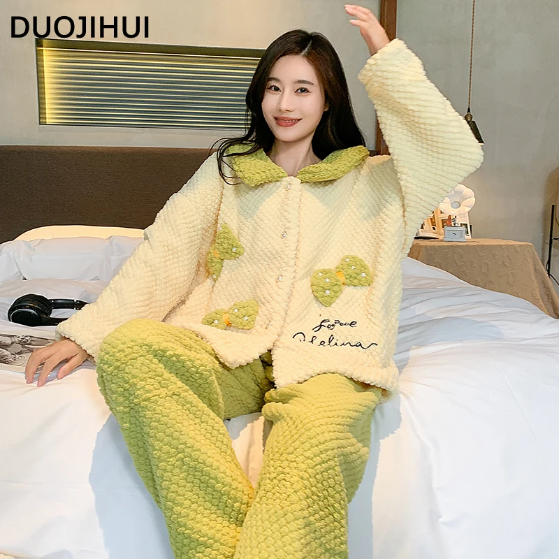 DUOJIHUI Classic Two Piece Winter Loose Female Pajamas Set New Chic Button Cardigan Casual Pant Contrast Color Pajamas for Women