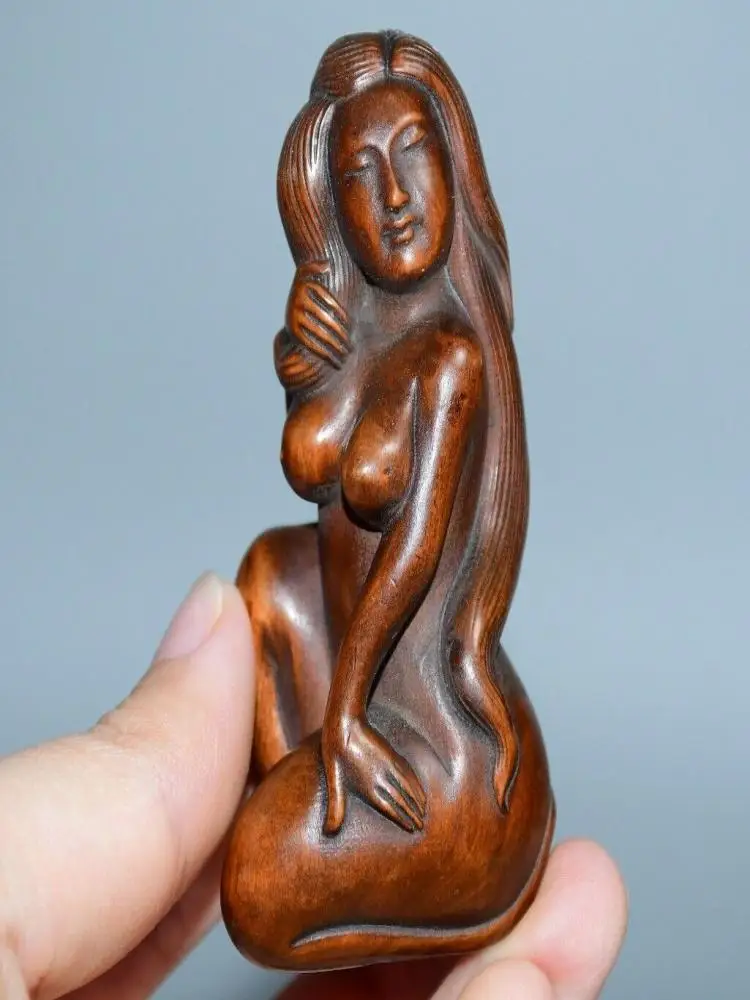 Chinese Boxwood Wood Carving Sexy Woman Figure Statue Wooden Sculpture Decor Art