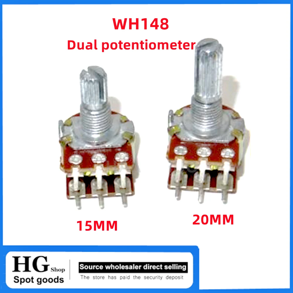 5 buah/lot WH148 B1K 2K 5K10K 20K 50K 100K 250K 500K 1M Ohm 6 Pin 15mm 20mm Shaft Amplifier Dual Stereo potensiometer