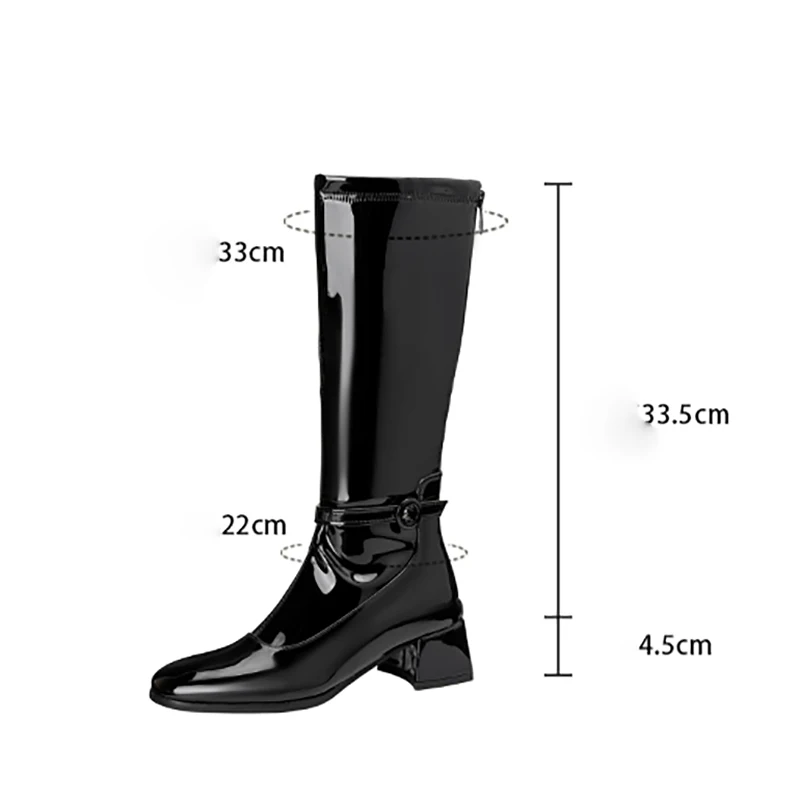 REAVE CAT 2027 Luxury Glossy Female's Mid Calf Boots Round Toe Chunky Heels 4.5cm Zip Belt Fastener Plus Sizes 44 US14 46 Daily