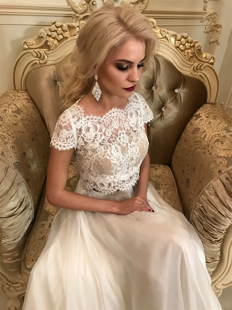 Robe de Mariée en Mousseline de Soie, Deux Pièces, Style Bohème, Manches Courtes, Ligne A, Sablier, Ronde, avec Traîne de Balayage, Personnalisé, #11207