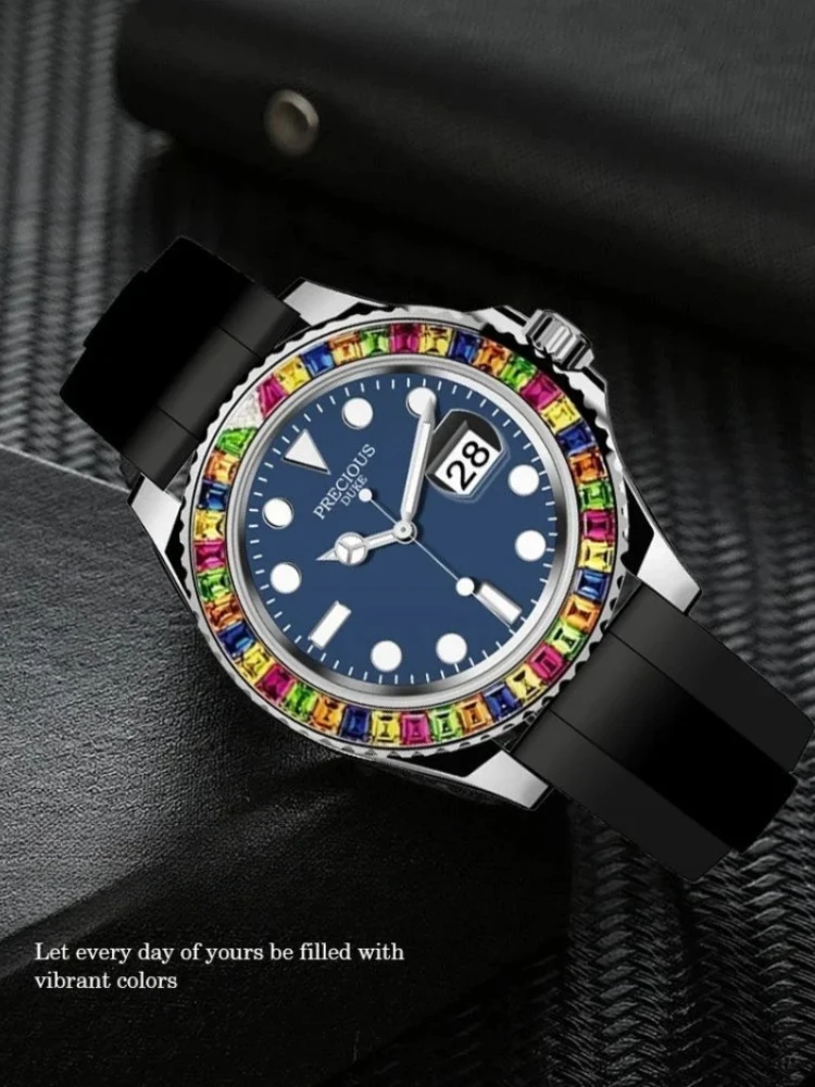 2025 ساعة رجالية فاخرة ملونة بإطار الماس سيليكون مقاوم للماء حزام كوارتز ساعة تقويم مضيئة للرجال