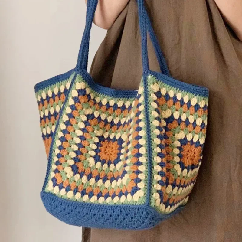 Borsa a tracolla con motivo a griglia per nonna intrecciata a mano per borsa della spesa casual da donna, semplice e alla moda