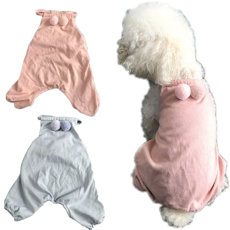 Cotton Dog Pajamas 4 Legs Pet Clothes Jumpsuit Vest Shirt with Hairball PJS Puppy and Cat Pyjamas Lightweight for Small Dog Cats