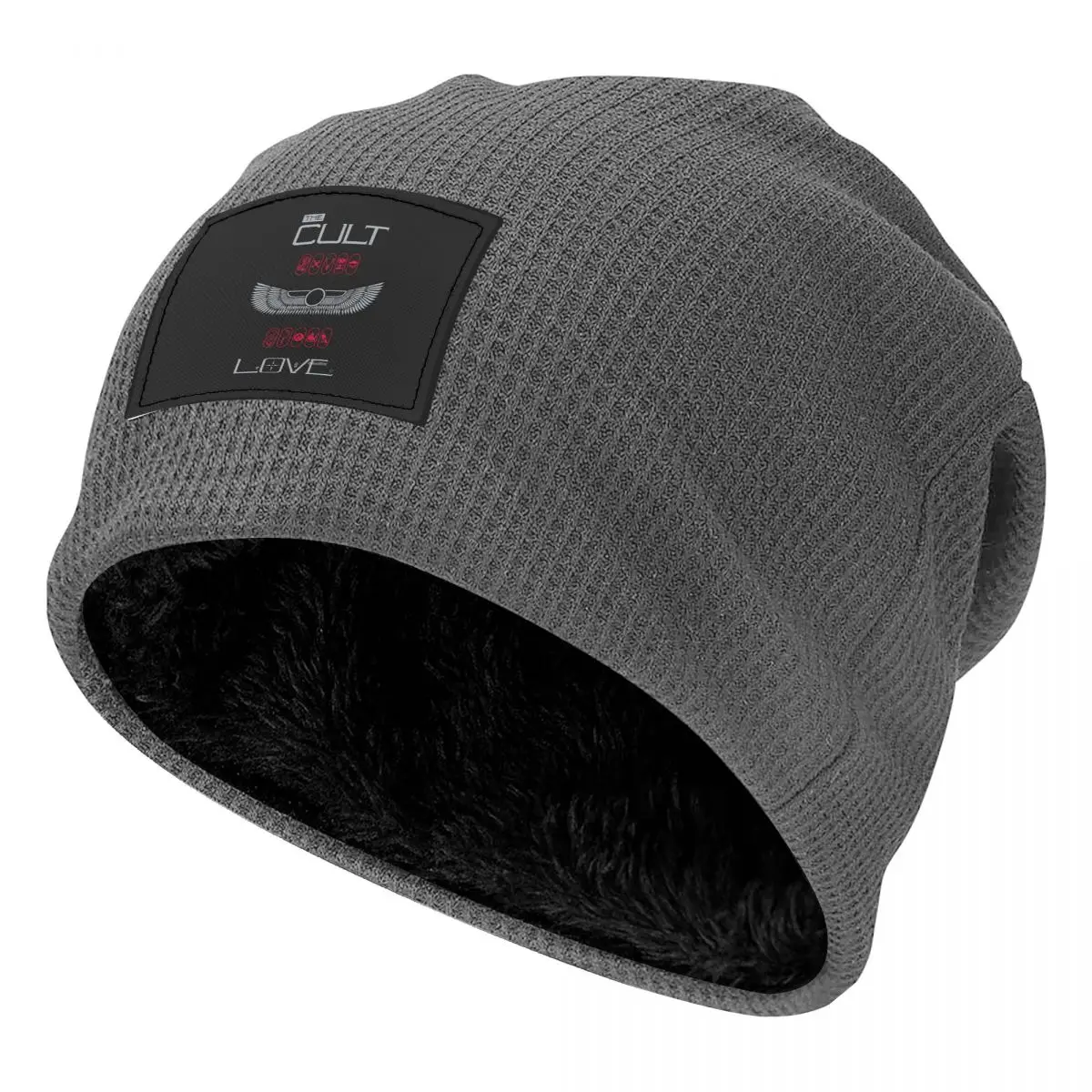 The Cult Love Waffle Knit Fleece Lined Beanie with PU Leather Patch Unisex Warm Winter Soft Cap