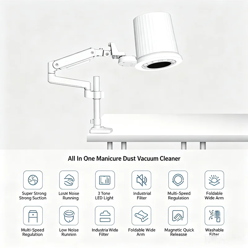 2026 New Professional Nail Dust Collector With LED Light Multi Angle Foldable Arm Adjustable Wind Speed Nail Suction
