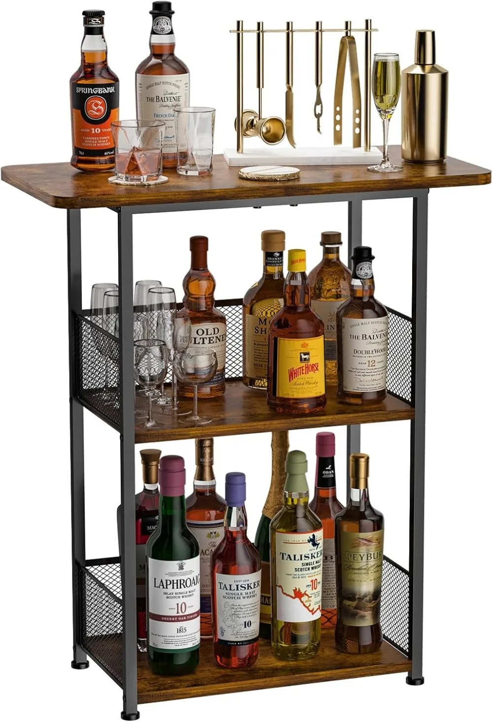 3-Tier Freestanding Wine Rack with T-Shaped Countertop: Space-Saving Corner Display for Bottles and Barware