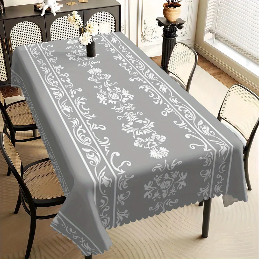 Elegant Grey Damask Floral Tablecloth, White Ornate Scroll Print, Scalloped Edge, Stain Resistant,for Dining Room & Classic Home