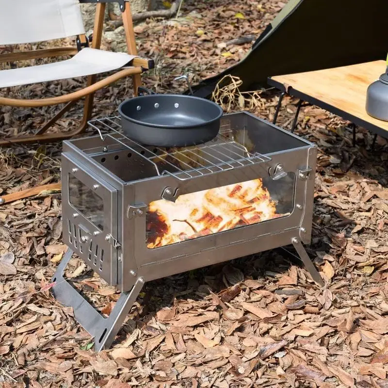 Camping Firewood Stove Stainless Steel Folding Portable Brazier Tent Heater Secondary Combustion Furnace Burner with Chimney