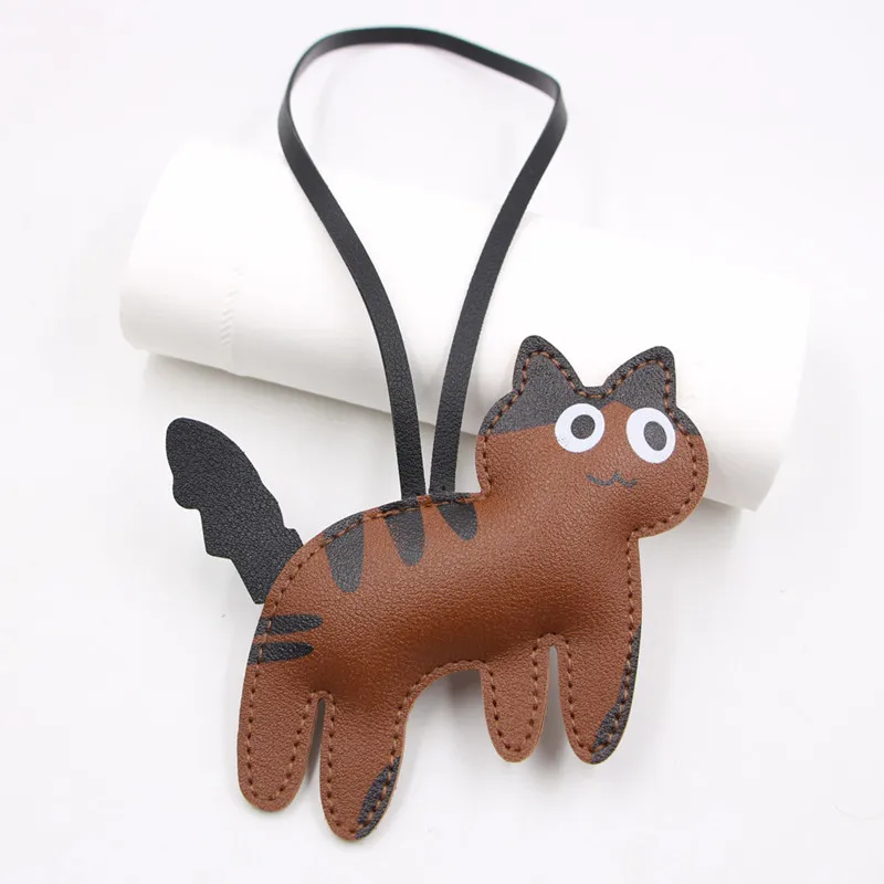 Fashion PU Leather Cat Pendant Keychain Cute Animal Keyring Women Bag Charm Handbag Hanging Decoration For Girl Gifts