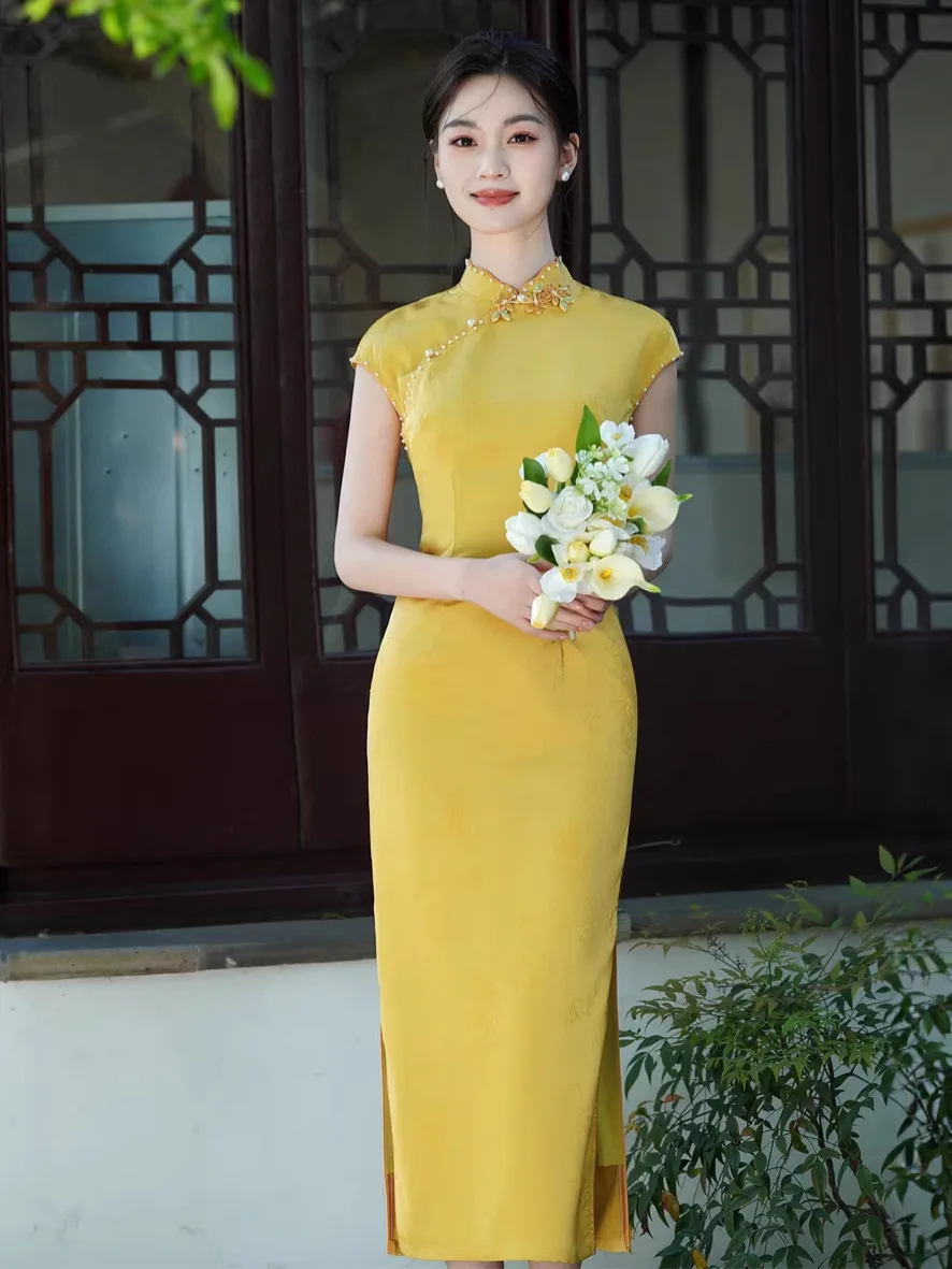 

2026 Spring/Summer New Cheongsam New Chinese Yellow Double layered Long sleeved Cheongsam Slimming Cheongsam Dress