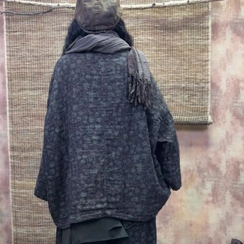 Spring Autumn Arts Style Women Batwing Sleeve Stand Collar Print Jackets Vintage Single Breasted Loose Coats High Quality S452