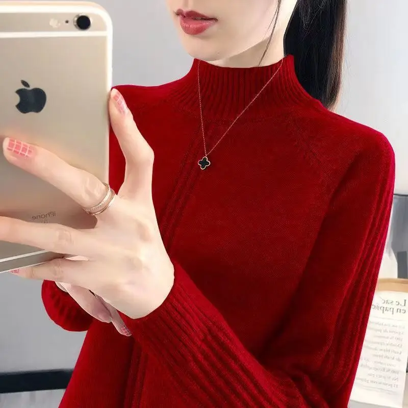 Fashion Solid Color Half High Collar Loose Knitted Sweater Women Clothing 2022 Autumn New Casual Pullovers All-match Warm Tops