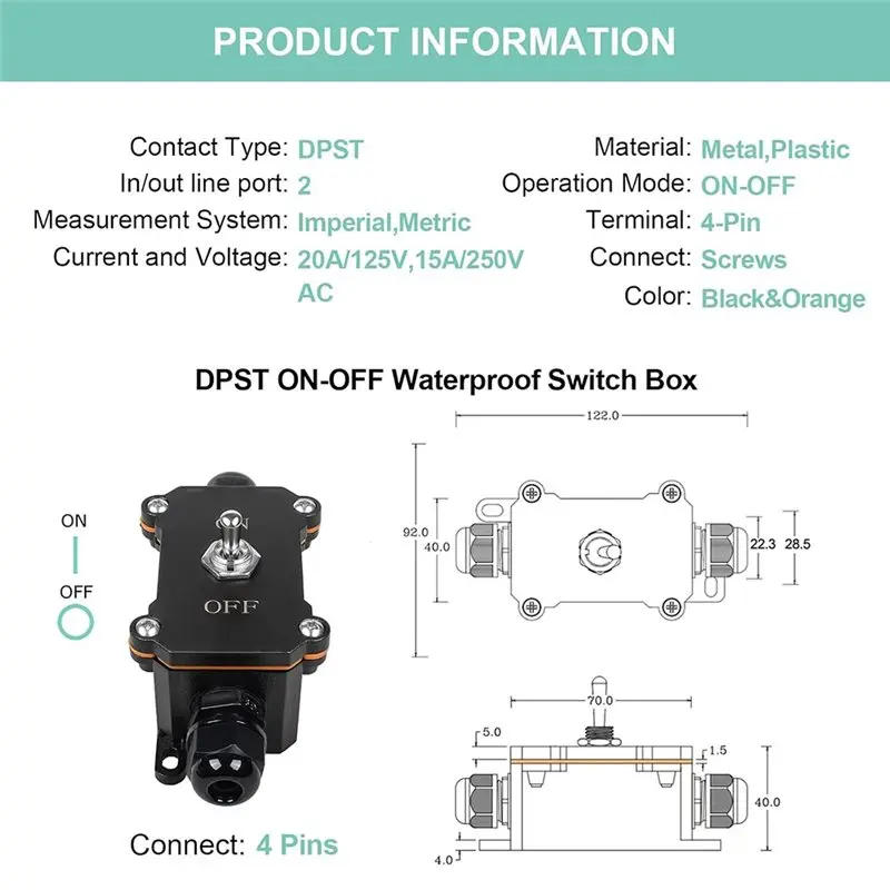 TFORU-Inline Cord Switch ON-Off Toggle Switch Waterproof   AC 15A 250V, ON-Off 4 Screw Pin Switch, Two-Side Entry & Exit Line