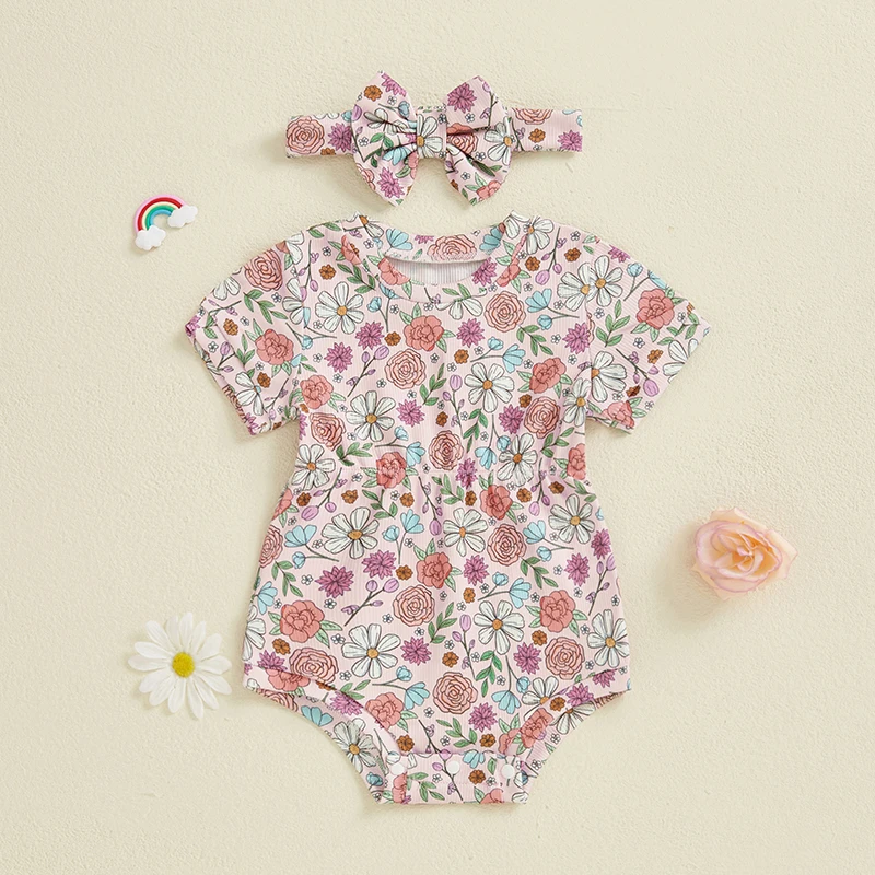 Baby Girl Ribbed Romper Floral Bow Strawberry Short Sleeve Bodysuit with Bow Headband Cute Summer Clothes