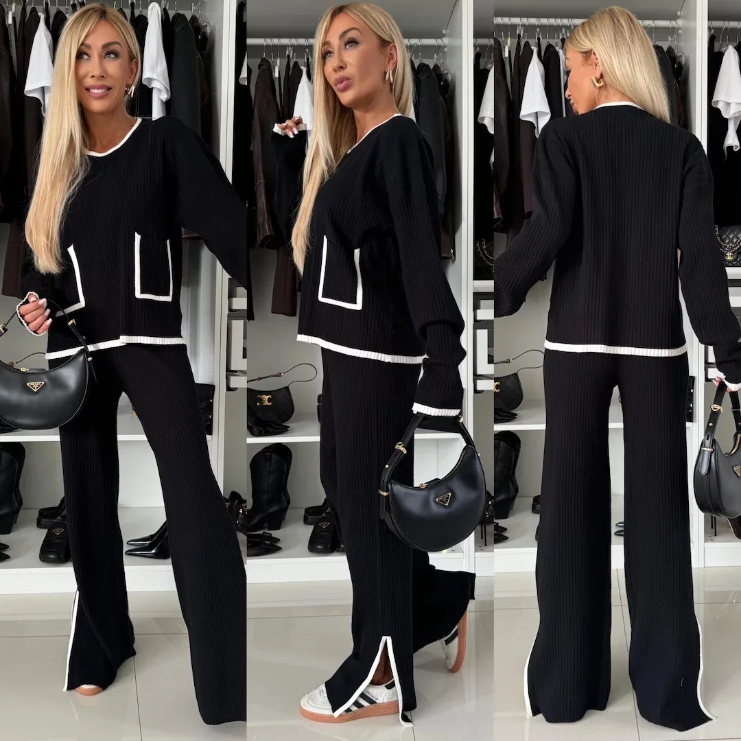 Spring Autumn Women\'s Set Two Pieces Female Contrast Pocket Knit Pullovers + Slit Wide Leg Pants Elegant 2-piece Sets For Women