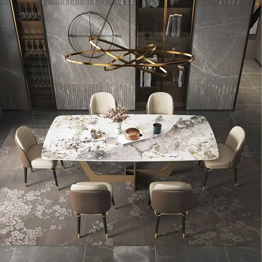 Italian Modern Design Marble Dining Table, Stainless Steel Base Table and Chair Combination