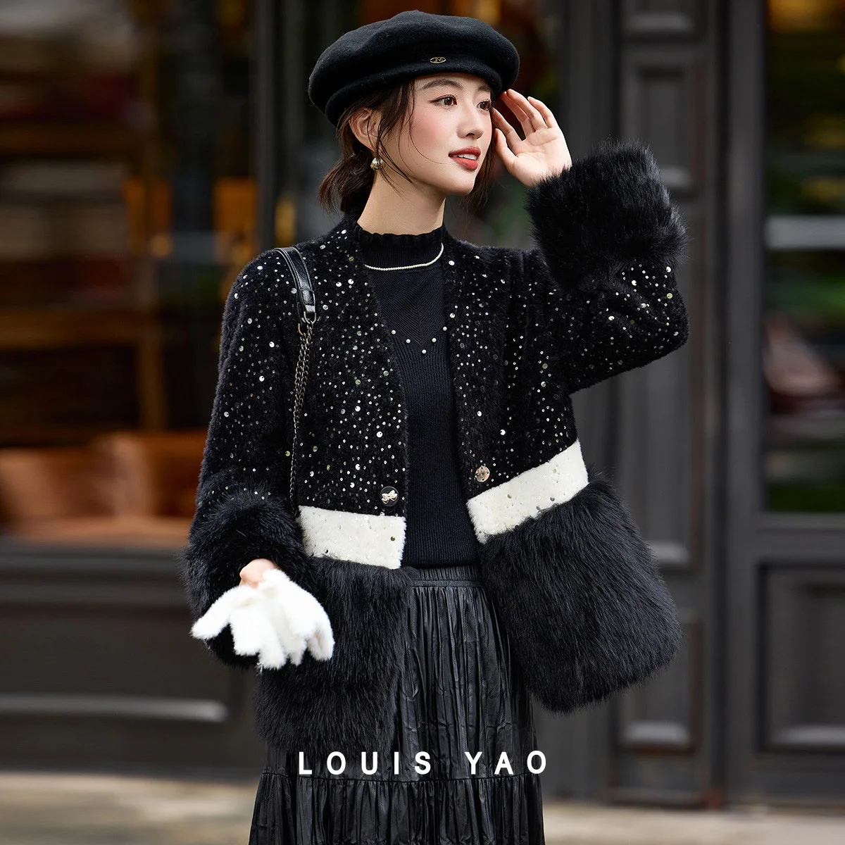 LOUIS YAO New Sweet V-Neck  Women's Coat 2025 Autumn/Winter Original Design Faux Mink-Fur Splicing Thick  Sequined Jacket