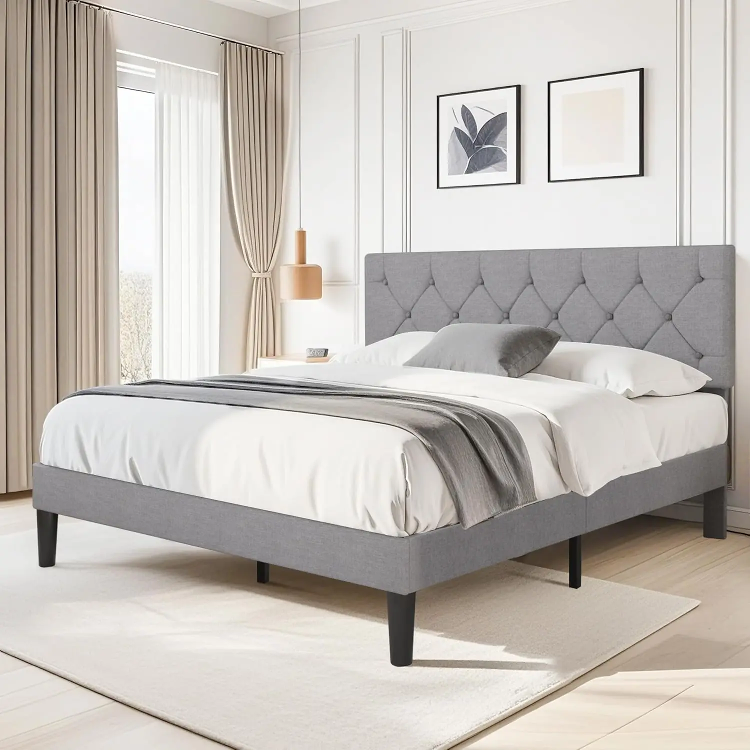 Queen Bed Frame With Button Tufted Headboard, Upholstered Platform Bedframe With Wood Slat Support, No Box Spring Needed, Grey