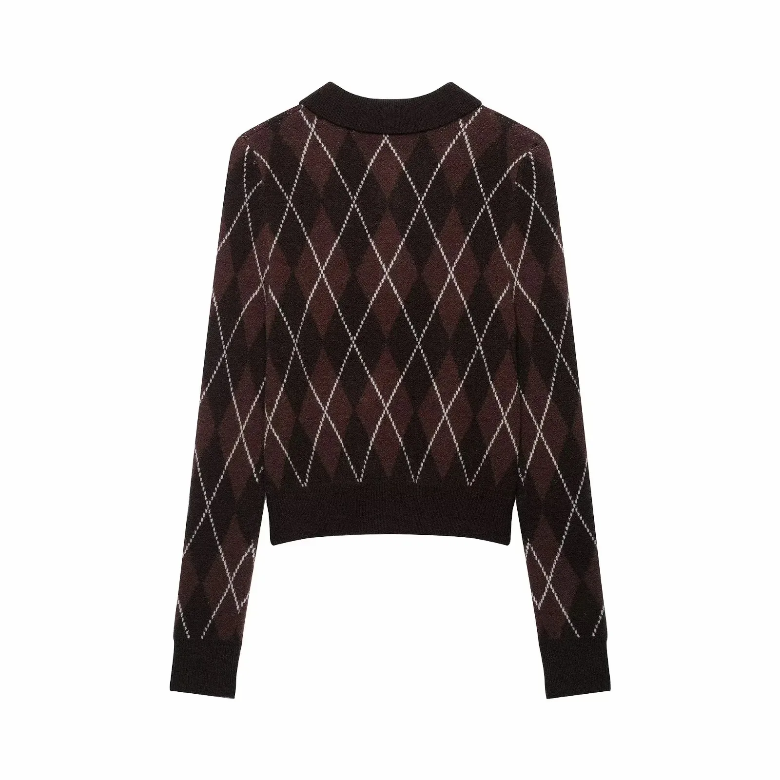 Damen Vintage Diamant Geometrisches Muster Häkel-Strickpullover Weiblicher Schicker Polokragen Schlanker Pullover Mantel Damenoberteile – Detail 5