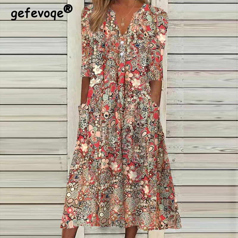 

2023 Summer Fashion Vintage Floral Print Boho Party Dresses for Women Vacation V-Neck Short Sleeve Pockets Beach Midi Dress Robe