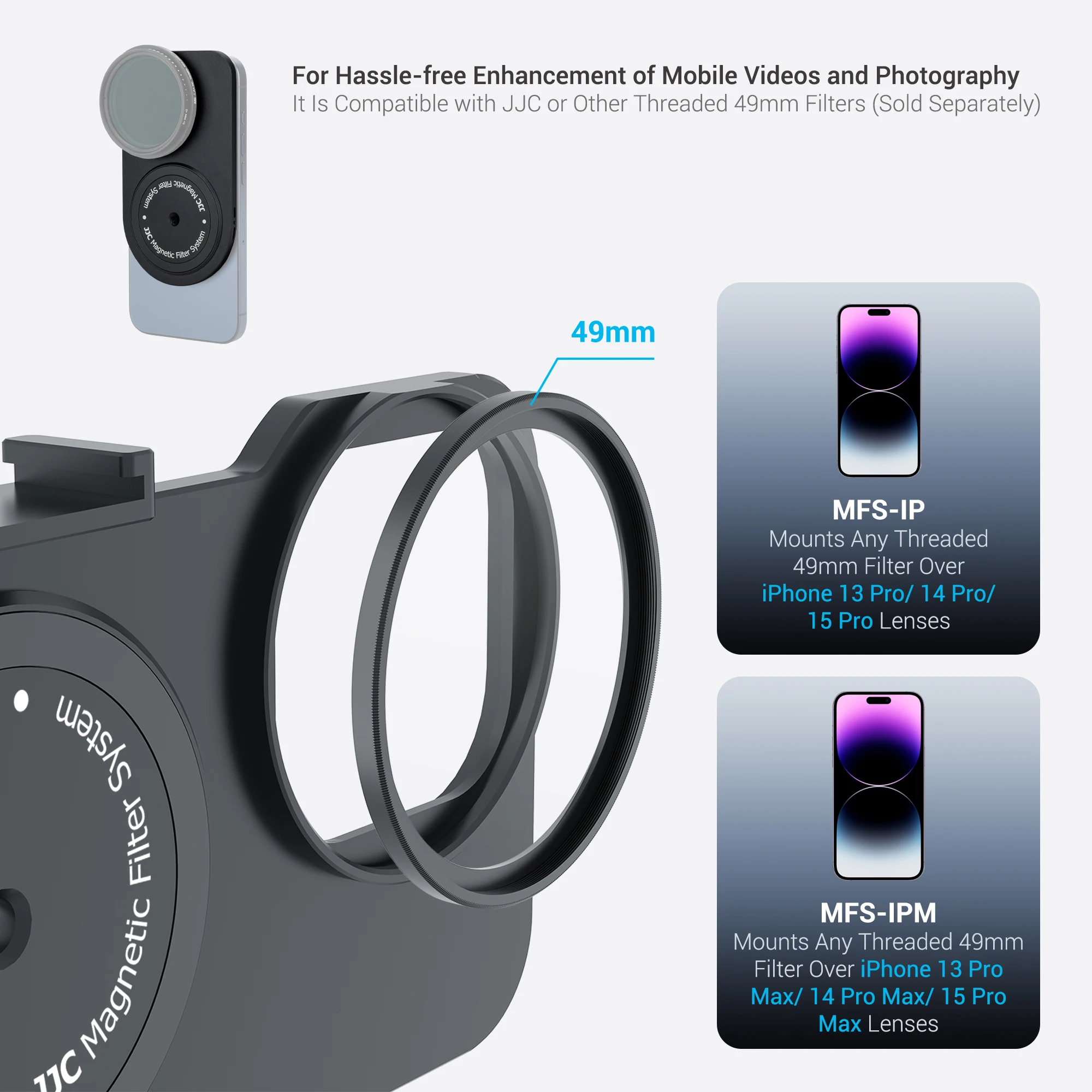 JJC 49mm Magnetic Lens Filter Mount Adapter for iPhone 15 Pro Max 14 Pro Max 13 Pro Max Filter Base with Cold Shoe Mounts