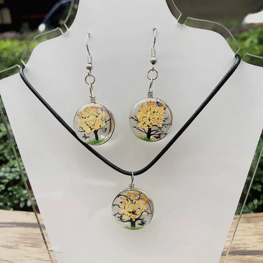 Charming Purple Lamp Glass Pearl Tree Pendant Necklace And Earrings Set Women\'s Jewelry Gift for Party