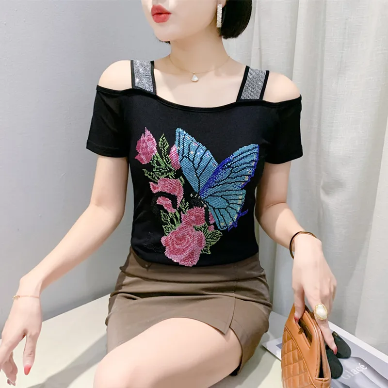 Streetwear Girl Summer Classic Butterfly Hot Diamonds T-shirt Sexy Off Shoulder Women Luxury Flowers Tops New Chic Slim Tees