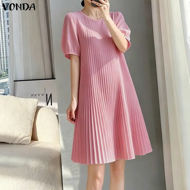 VONDA Women Summer Dress Puff Short Sleeve Pleated Sundress A-Line Korean Vacation Vestidos Casual Solid Round Neck Mini Dresses