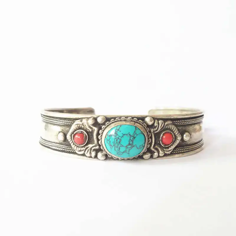 BB-456 Tibetan Bangles White Metal Copper Inlaid Simulated Turquoise Open Cuff Bangle Nepal vintage Jewelry