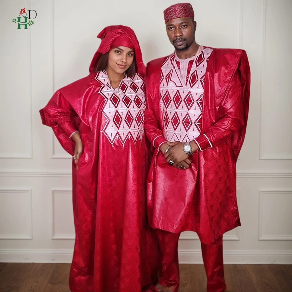 H&D African Clothing For Man Traditional Agbada Sets 3PCS Bazin Riche Embroidery Wedding Party Couple Matching Suits Woman Boubo
