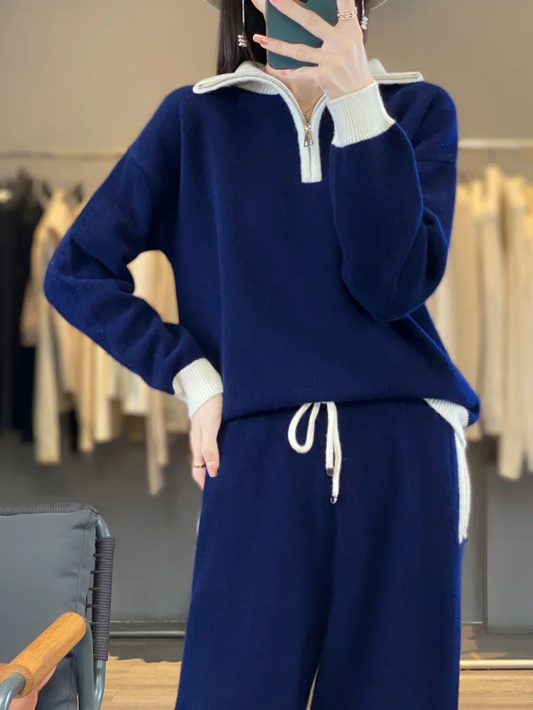 Women's Matching Set 100% Merino Wool High Neck Zipper Sweater Casual Color Blocked Knitted Pants Pocket 2-Piece Set Loose