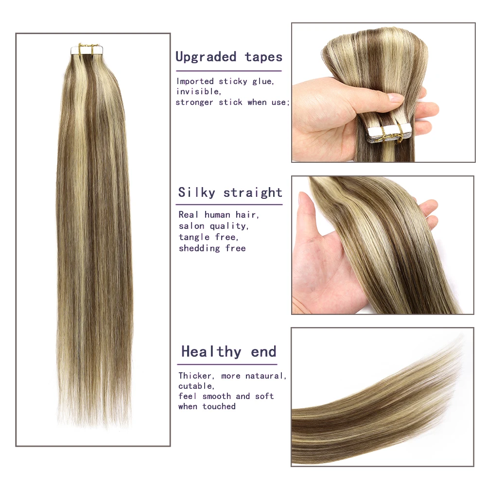 Highlight Blonde Tape In Hair Extensions Remy Hair Seamless Weft Tape In Human Hair Extensions Wigs For Women Hair 12 to 24 Inch