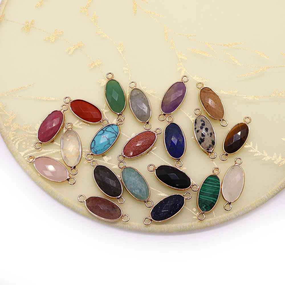 Faceted Natural Blue Sand Stone Amazonite Red Stone Double Holes Pendant Oval Semi-precious Stone Jewelry Connector 2 Pcs Supply