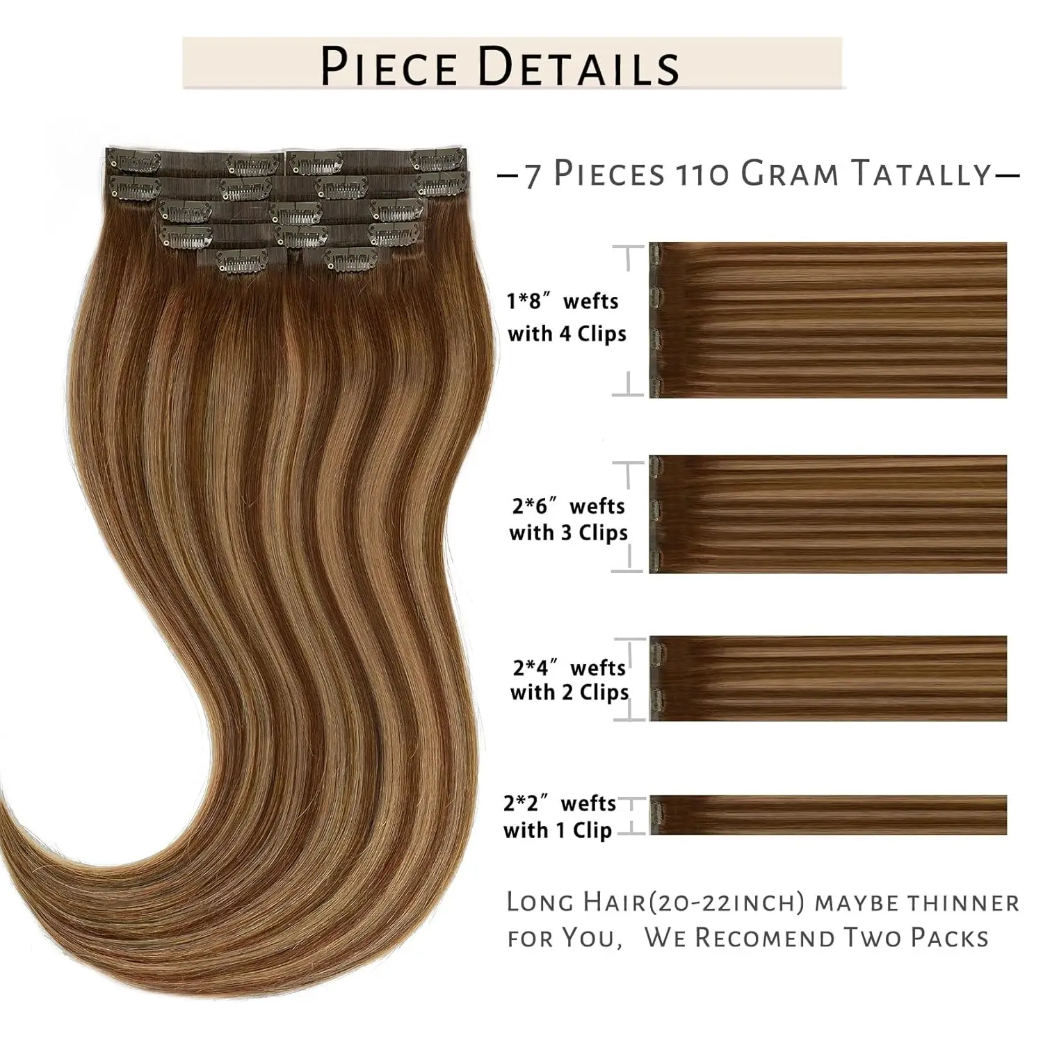 Caliee Brown Clip In Hair Extensions Real Human Hair Invisible Pu Weft Clip In Hair Extensions R4-4/27 Highlighted Chocolate