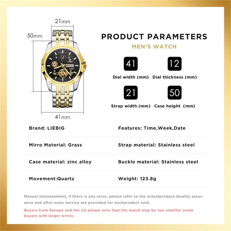 LIEBIG Watch For Men Quartz Movement Golden Top Brand Luxury Stainless Steel Strap Date Week Wristwatch Clock relogio masculino