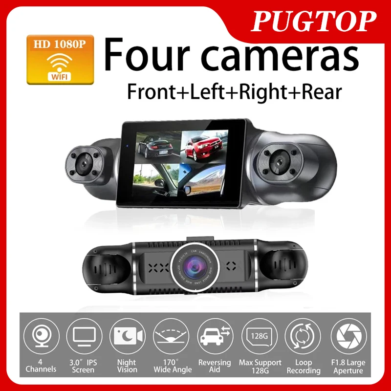 3 Inch WIFI Dash Cam 4 Channel On Screen Front Rear Left Right 4 Lenses 1080P Car DVR Video Recorder Night Vision Loop Recording