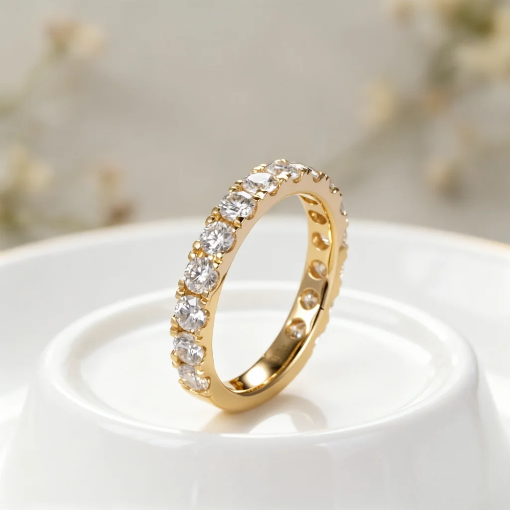 

CxsJeremy Solid 14K Au585 Yellow Gold 3MM Round Cut Moissanite Wedding Band Vintage 3/4 Eternity Stacking Anniversary Gifts